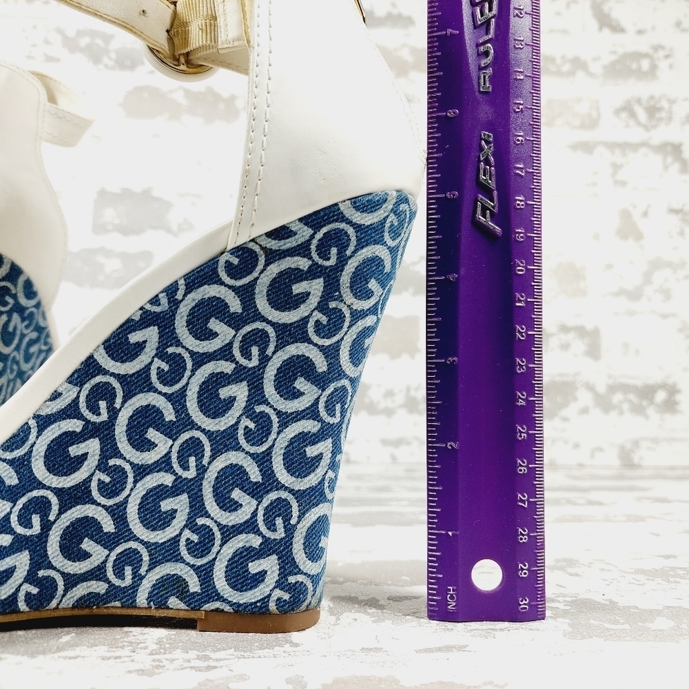 Guess Womens Donny Shoes White Blue Signature Logo Wedge Platform Sandals D54 - Picture 9 of 15